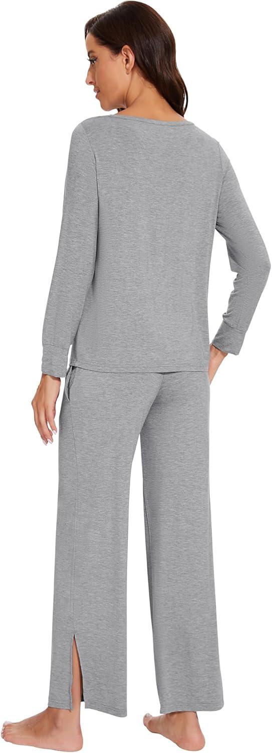 imageWiWi Womens Pajama Set Soft Long Sleeve Tee Pants Sleepwear 2 Piece Comfy Nightwear with Pockets Pjs SXXLDheather Grey