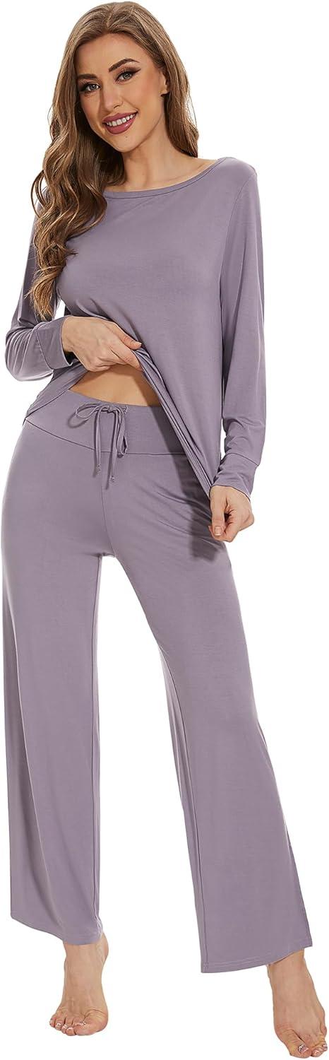 imageWiWi Womens Pajama Set Soft Long Sleeve Tee Pants Sleepwear 2 Piece Comfy Nightwear with Pockets Pjs SXXLDviolet