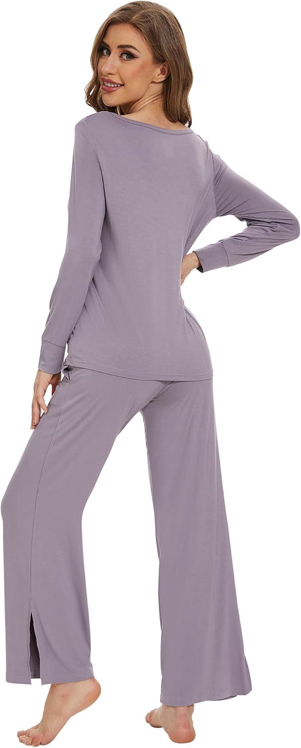 imageWiWi Womens Pajama Set Soft Long Sleeve Tee Pants Sleepwear 2 Piece Comfy Nightwear with Pockets Pjs SXXLDviolet