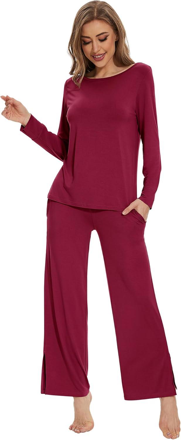 imageWiWi Womens Pajama Set Soft Long Sleeve Tee Pants Sleepwear 2 Piece Comfy Nightwear with Pockets Pjs SXXLDwine