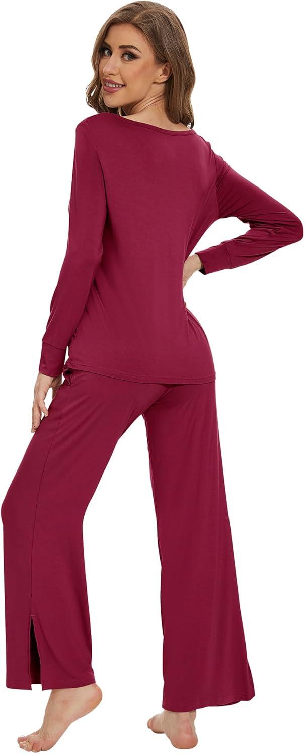 imageWiWi Womens Pajama Set Soft Long Sleeve Tee Pants Sleepwear 2 Piece Comfy Nightwear with Pockets Pjs SXXLDwine