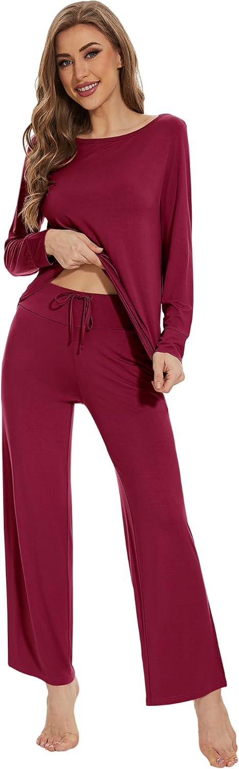 imageWiWi Womens Pajama Set Soft Long Sleeve Tee Pants Sleepwear 2 Piece Comfy Nightwear with Pockets Pjs SXXLDwine