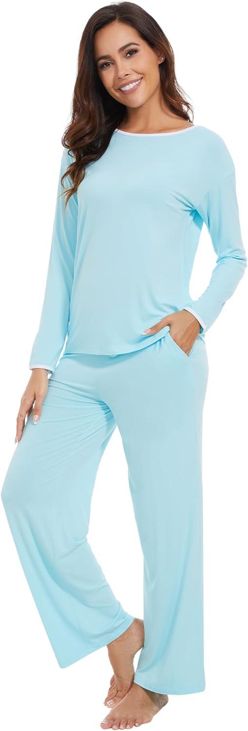 imageWiWi Womens Pajama Set with Pocket Long Sleeve Top with Long Pajama Pant Set Soft PJ Viscose from Bamboo Loungewear SXXLAqua