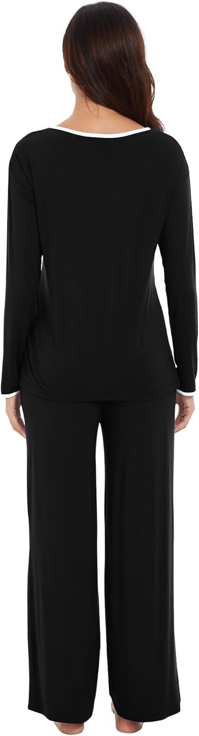 imageWiWi Womens Pajama Set with Pocket Long Sleeve Top with Long Pajama Pant Set Soft PJ Viscose from Bamboo Loungewear SXXLBlack