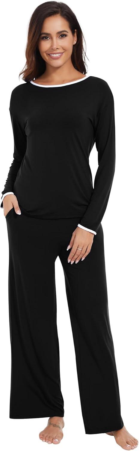 imageWiWi Womens Pajama Set with Pocket Long Sleeve Top with Long Pajama Pant Set Soft PJ Viscose from Bamboo Loungewear SXXLBlack