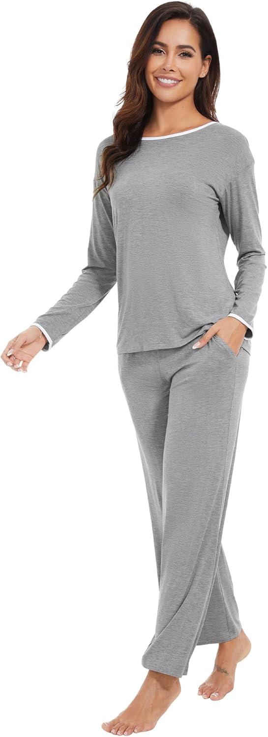 imageWiWi Womens Pajama Set with Pocket Long Sleeve Top with Long Pajama Pant Set Soft PJ Viscose from Bamboo Loungewear SXXLHeather Grey