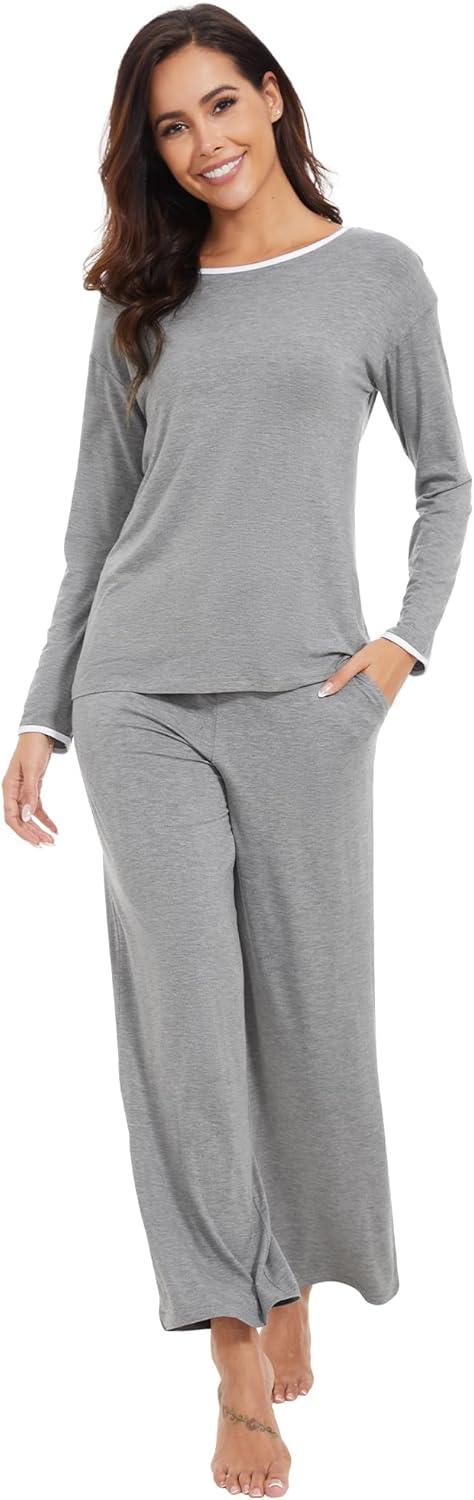 imageWiWi Womens Pajama Set with Pocket Long Sleeve Top with Long Pajama Pant Set Soft PJ Viscose from Bamboo Loungewear SXXLHeather Grey