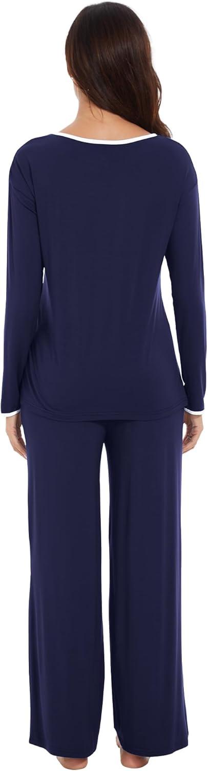 imageWiWi Womens Pajama Set with Pocket Long Sleeve Top with Long Pajama Pant Set Soft PJ Viscose from Bamboo Loungewear SXXLNavy