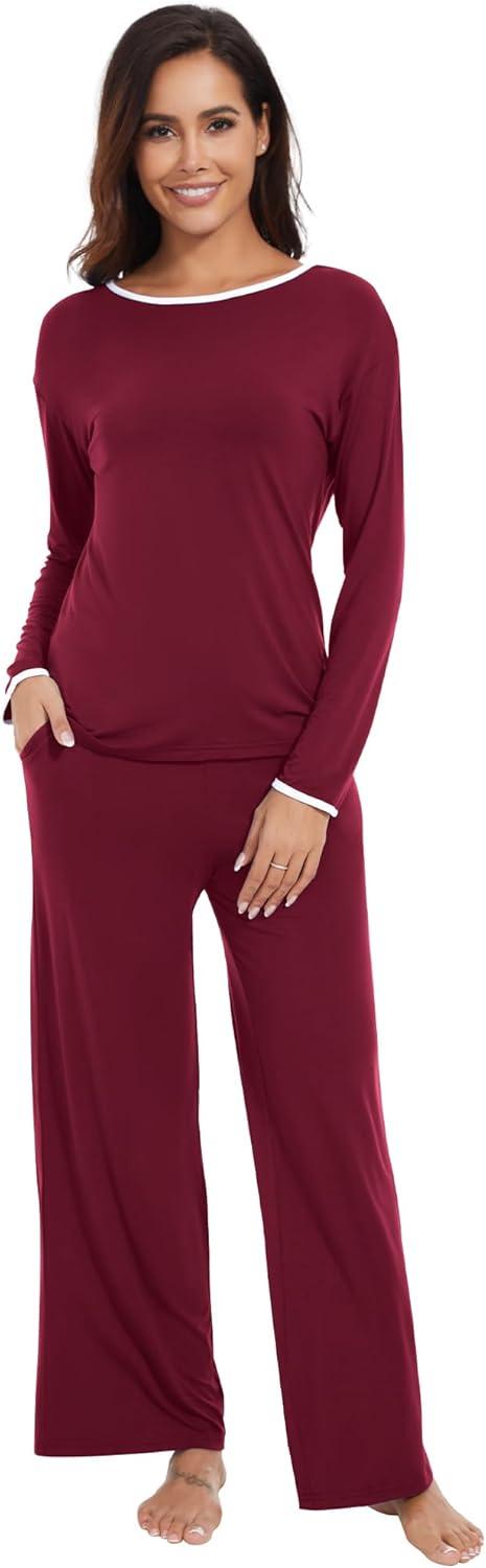 imageWiWi Womens Pajama Set with Pocket Long Sleeve Top with Long Pajama Pant Set Soft PJ Viscose from Bamboo Loungewear SXXLWine