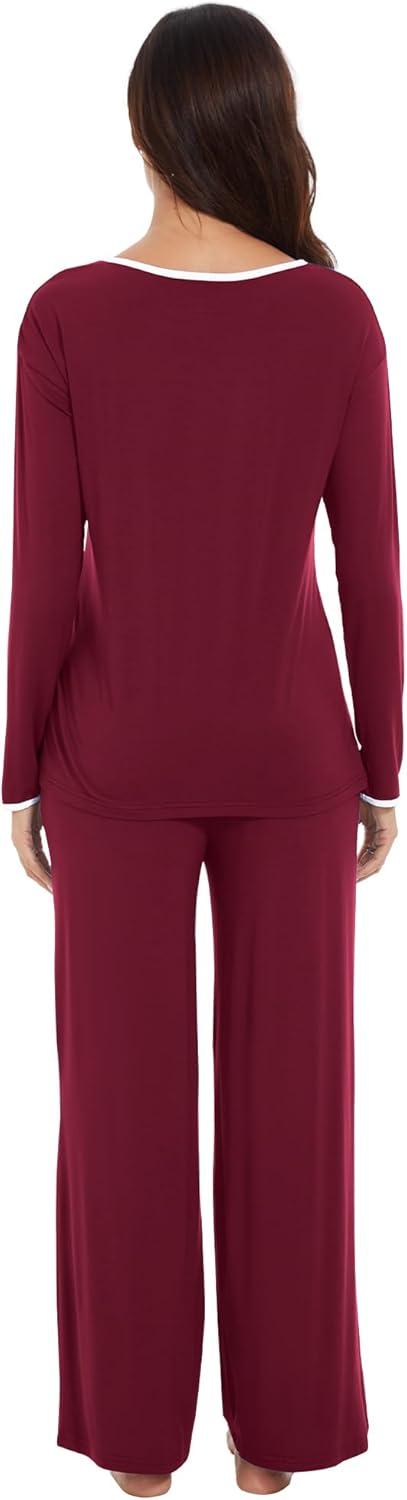 imageWiWi Womens Pajama Set with Pocket Long Sleeve Top with Long Pajama Pant Set Soft PJ Viscose from Bamboo Loungewear SXXLWine