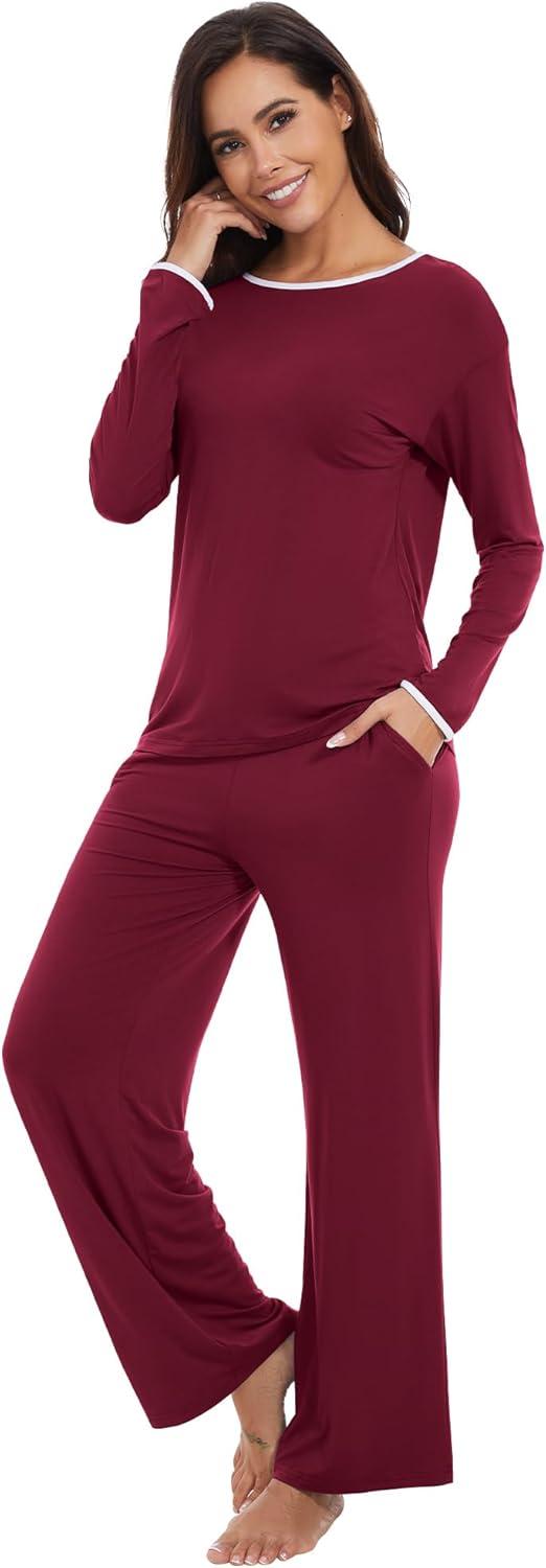 imageWiWi Womens Pajama Set with Pocket Long Sleeve Top with Long Pajama Pant Set Soft PJ Viscose from Bamboo Loungewear SXXLWine