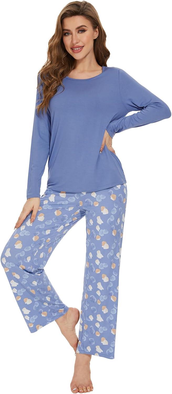 imageWiWi Womens Pajamas Set Printed Viscose from Bamboo Lounge Sets Soft Pajama Long Sleeve Sleepwear SXXLFog Blue