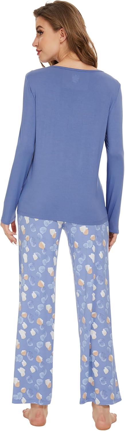 imageWiWi Womens Pajamas Set Printed Viscose from Bamboo Lounge Sets Soft Pajama Long Sleeve Sleepwear SXXLFog Blue
