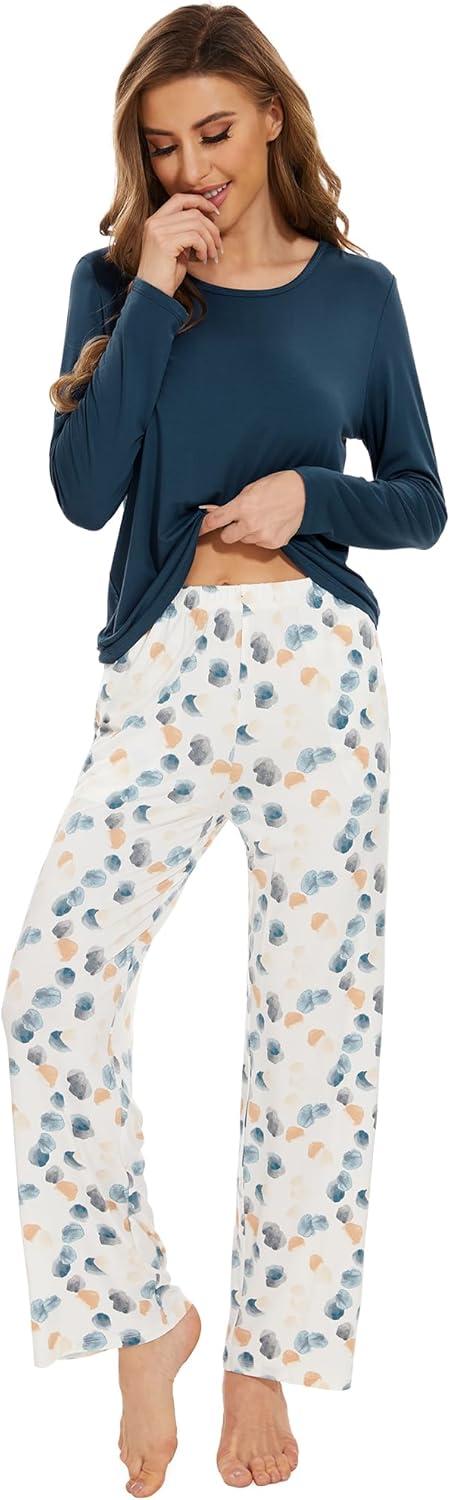imageWiWi Womens Pajamas Set Printed Viscose from Bamboo Lounge Sets Soft Pajama Long Sleeve Sleepwear SXXLGreen