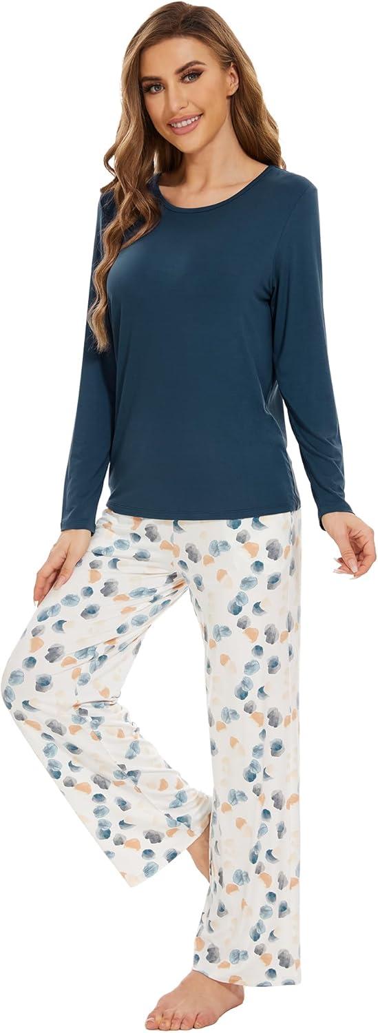 imageWiWi Womens Pajamas Set Printed Viscose from Bamboo Lounge Sets Soft Pajama Long Sleeve Sleepwear SXXLGreen