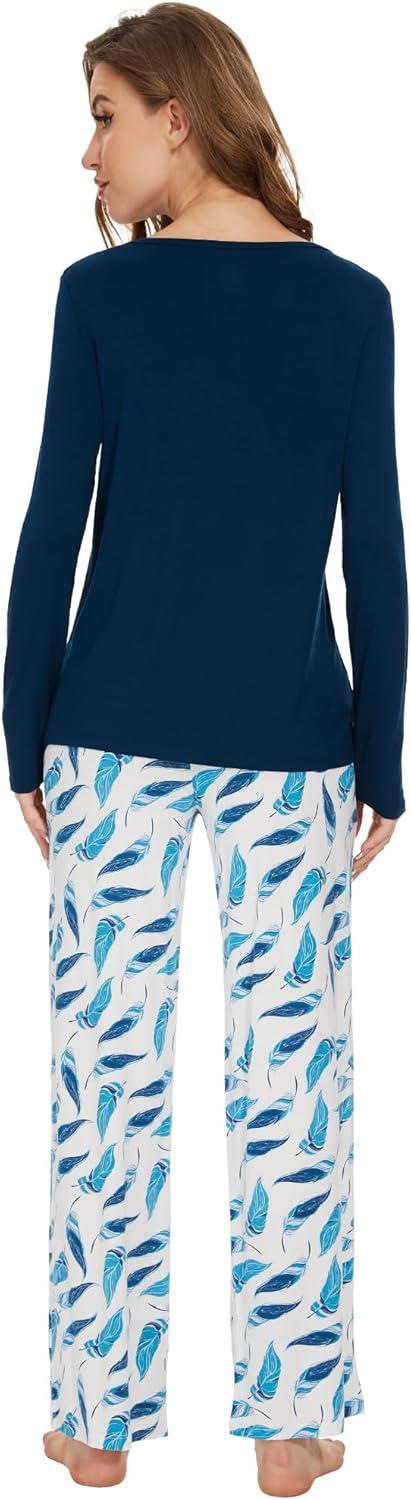 imageWiWi Womens Pajamas Set Printed Viscose from Bamboo Lounge Sets Soft Pajama Long Sleeve Sleepwear SXXLInk Blue
