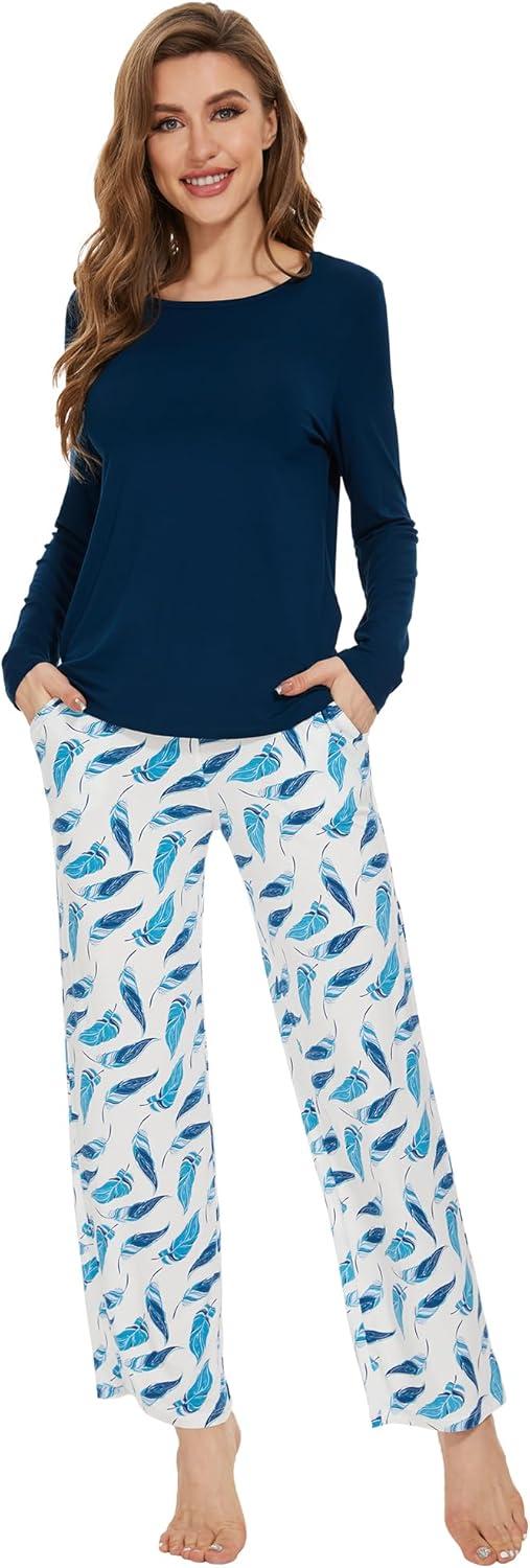 imageWiWi Womens Pajamas Set Printed Viscose from Bamboo Lounge Sets Soft Pajama Long Sleeve Sleepwear SXXLInk Blue
