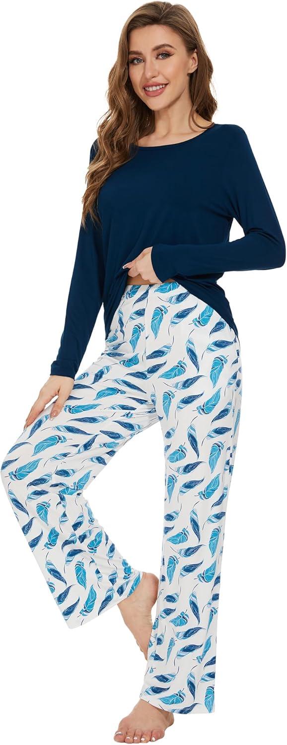 imageWiWi Womens Pajamas Set Printed Viscose from Bamboo Lounge Sets Soft Pajama Long Sleeve Sleepwear SXXLInk Blue