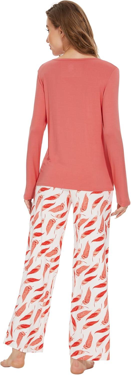 imageWiWi Womens Pajamas Set Printed Viscose from Bamboo Lounge Sets Soft Pajama Long Sleeve Sleepwear SXXLLight Coral