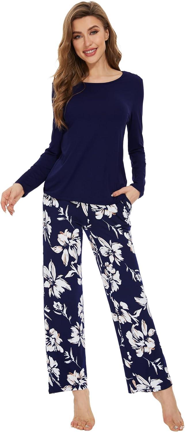 imageWiWi Womens Pajamas Set Printed Viscose from Bamboo Lounge Sets Soft Pajama Long Sleeve Sleepwear SXXLNavy