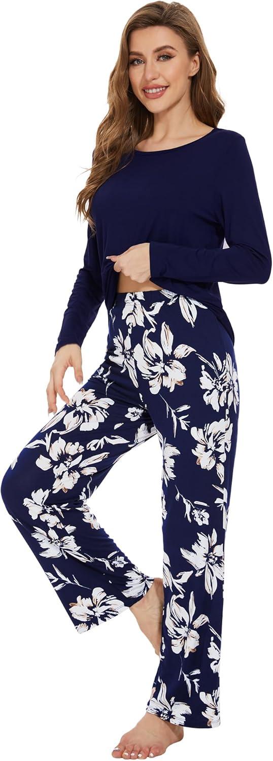imageWiWi Womens Pajamas Set Printed Viscose from Bamboo Lounge Sets Soft Pajama Long Sleeve Sleepwear SXXLNavy