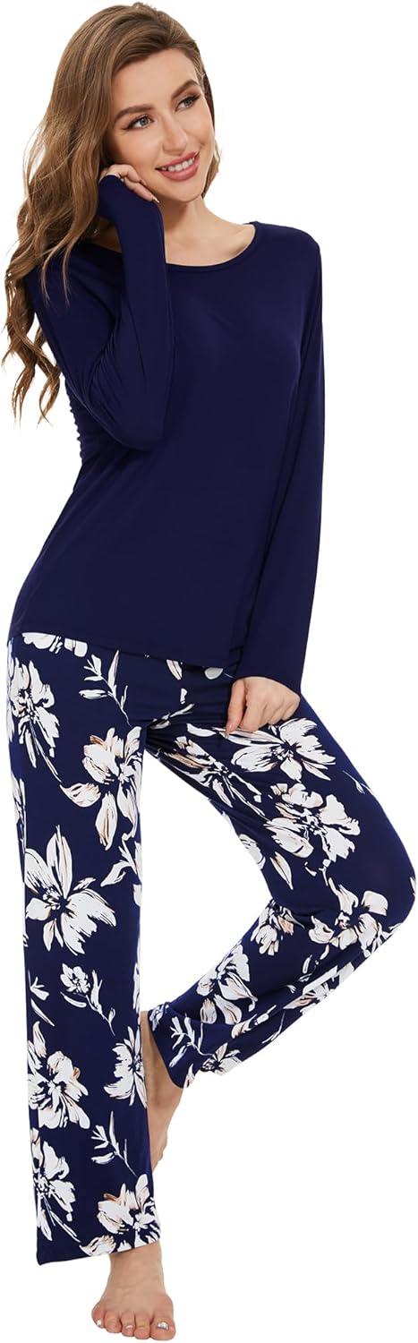 imageWiWi Womens Pajamas Set Printed Viscose from Bamboo Lounge Sets Soft Pajama Long Sleeve Sleepwear SXXLNavy