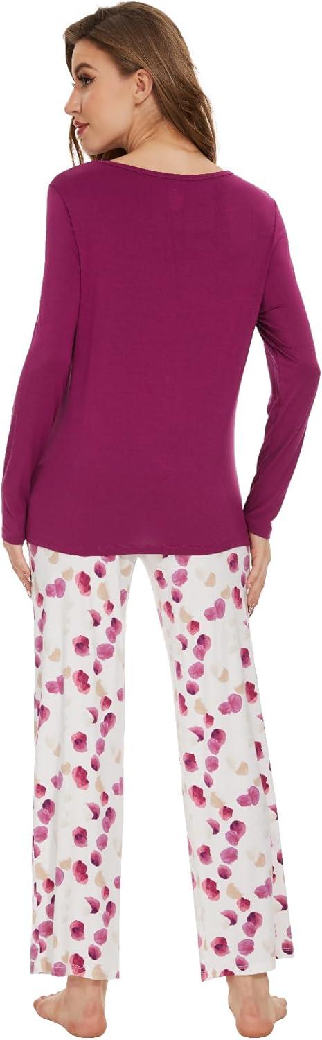 imageWiWi Womens Pajamas Set Printed Viscose from Bamboo Lounge Sets Soft Pajama Long Sleeve Sleepwear SXXLPurplish Red