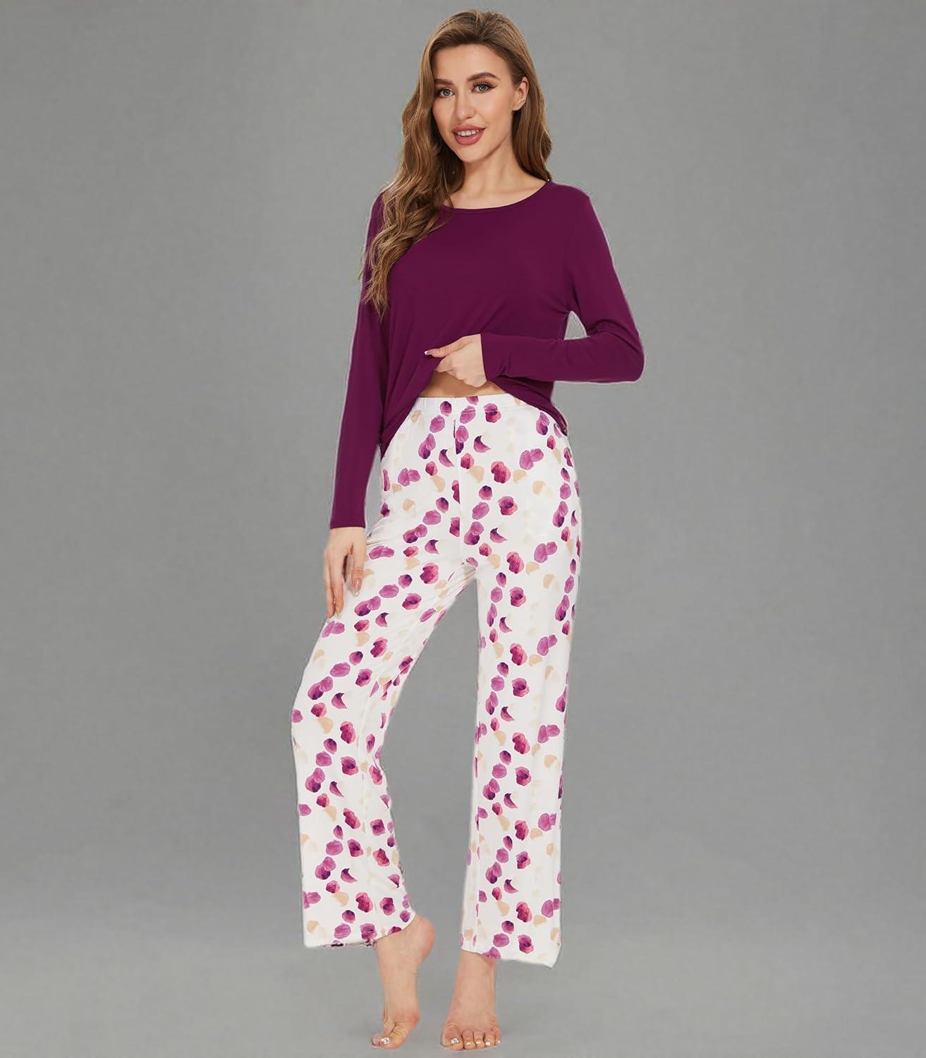 imageWiWi Womens Pajamas Set Printed Viscose from Bamboo Lounge Sets Soft Pajama Long Sleeve Sleepwear SXXLPurplish Red