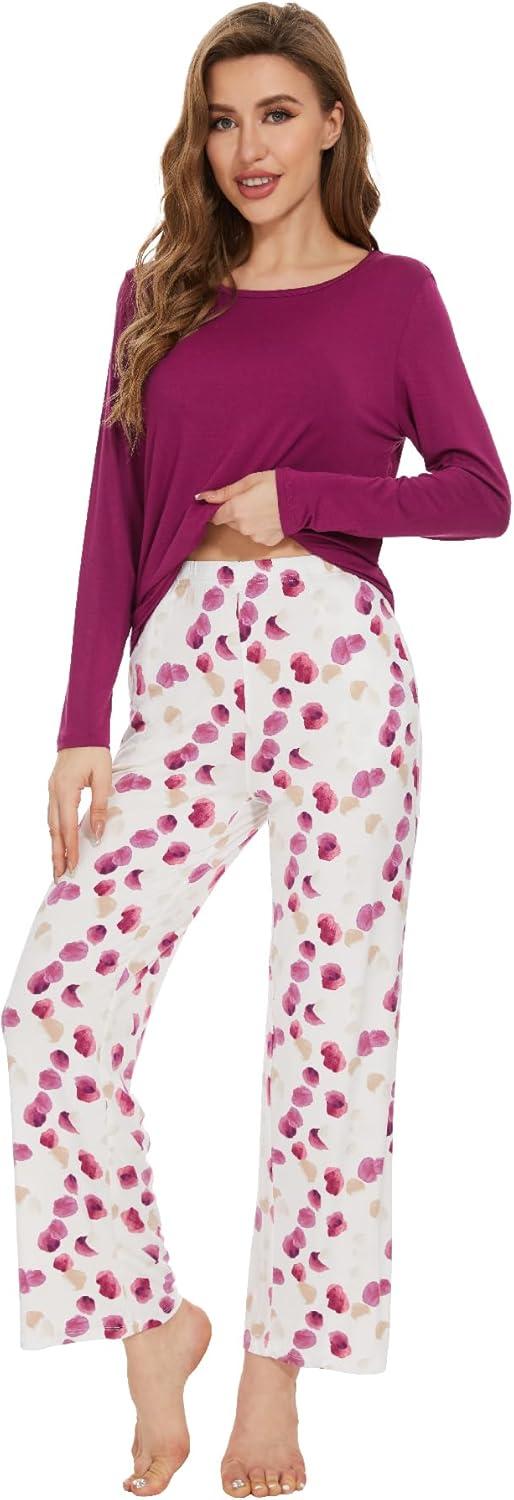 imageWiWi Womens Pajamas Set Printed Viscose from Bamboo Lounge Sets Soft Pajama Long Sleeve Sleepwear SXXLPurplish Red