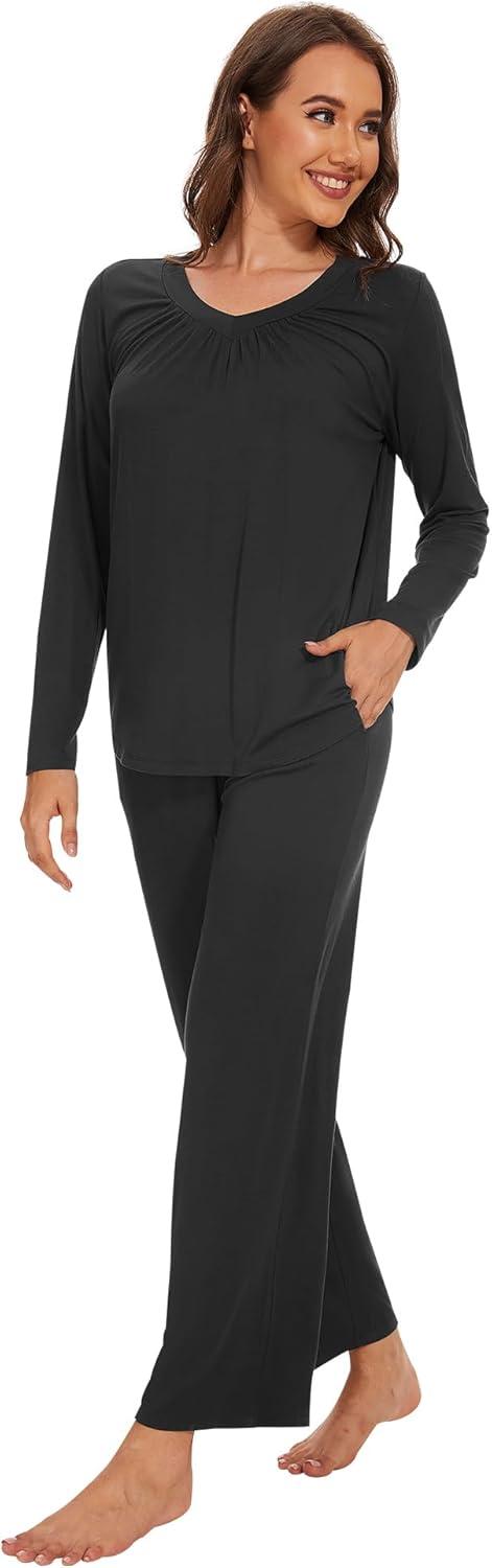 imageWiWi Womens Pajamas Set Sleepwear Loungewear Long Sleeve Pajama Sets Soft Pjs Viscose from Bamboo 2 Piece PJ SXXLAblack