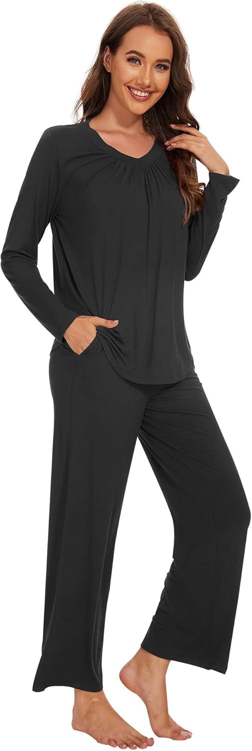 imageWiWi Womens Pajamas Set Sleepwear Loungewear Long Sleeve Pajama Sets Soft Pjs Viscose from Bamboo 2 Piece PJ SXXLAblack