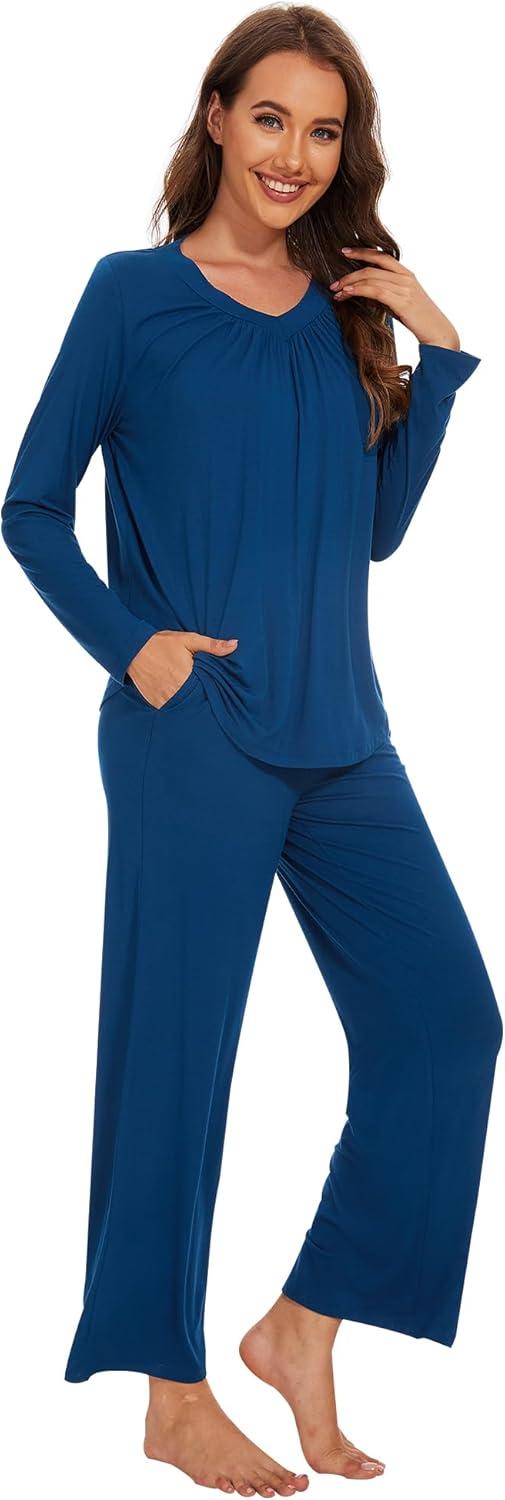 imageWiWi Womens Pajamas Set Sleepwear Loungewear Long Sleeve Pajama Sets Soft Pjs Viscose from Bamboo 2 Piece PJ SXXLAink Blue