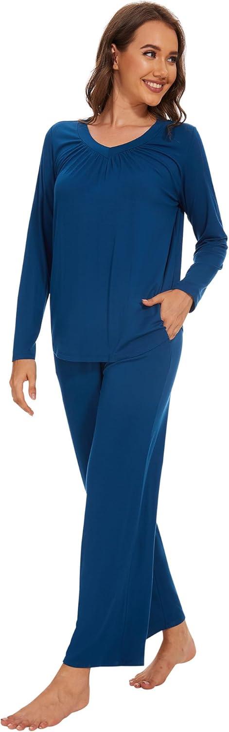 imageWiWi Womens Pajamas Set Sleepwear Loungewear Long Sleeve Pajama Sets Soft Pjs Viscose from Bamboo 2 Piece PJ SXXLAink Blue