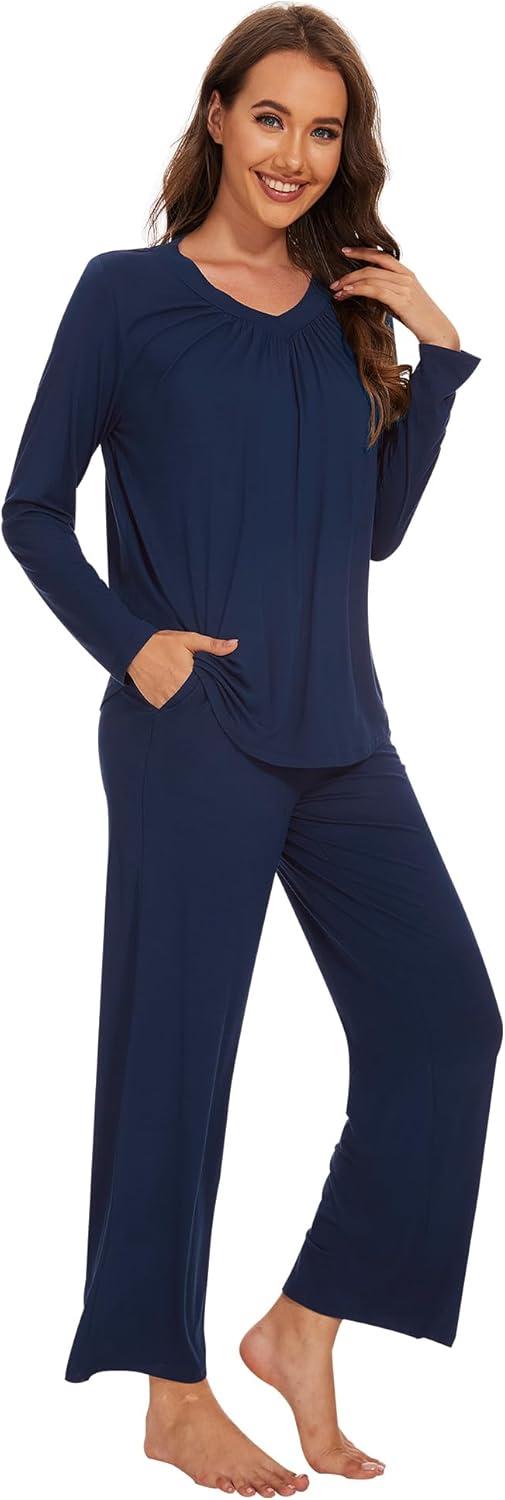 imageWiWi Womens Pajamas Set Sleepwear Loungewear Long Sleeve Pajama Sets Soft Pjs Viscose from Bamboo 2 Piece PJ SXXLAnavy