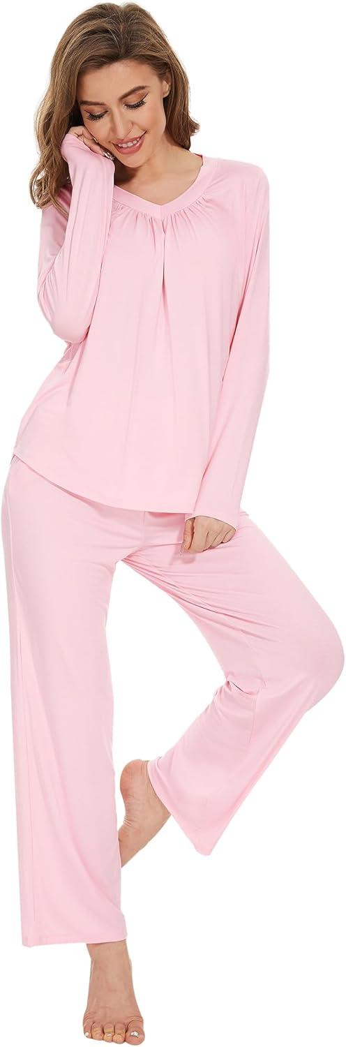 imageWiWi Womens Pajamas Set Sleepwear Loungewear Long Sleeve Pajama Sets Soft Pjs Viscose from Bamboo 2 Piece PJ SXXLApink