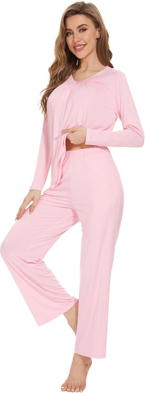 imageWiWi Womens Pajamas Set Sleepwear Loungewear Long Sleeve Pajama Sets Soft Pjs Viscose from Bamboo 2 Piece PJ SXXLApink