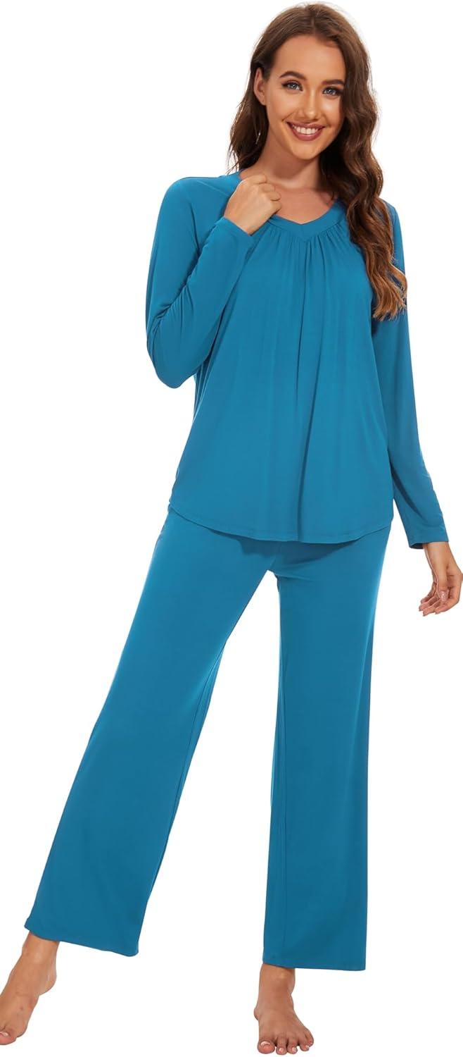 imageWiWi Womens Pajamas Set Sleepwear Loungewear Long Sleeve Pajama Sets Soft Pjs Viscose from Bamboo 2 Piece PJ SXXLAteal Blue