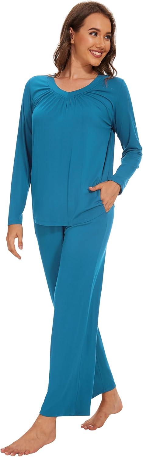 imageWiWi Womens Pajamas Set Sleepwear Loungewear Long Sleeve Pajama Sets Soft Pjs Viscose from Bamboo 2 Piece PJ SXXLAteal Blue