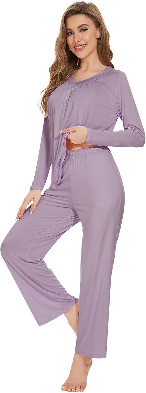 imageWiWi Womens Pajamas Set Sleepwear Loungewear Long Sleeve Pajama Sets Soft Pjs Viscose from Bamboo 2 Piece PJ SXXLAviolet
