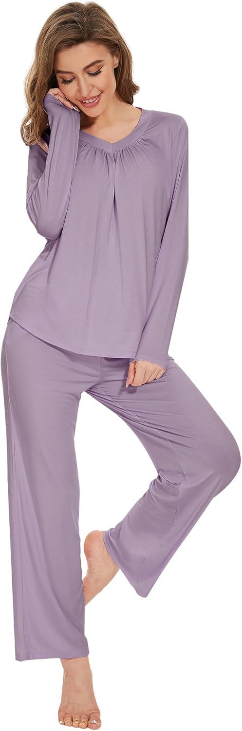 imageWiWi Womens Pajamas Set Sleepwear Loungewear Long Sleeve Pajama Sets Soft Pjs Viscose from Bamboo 2 Piece PJ SXXLAviolet