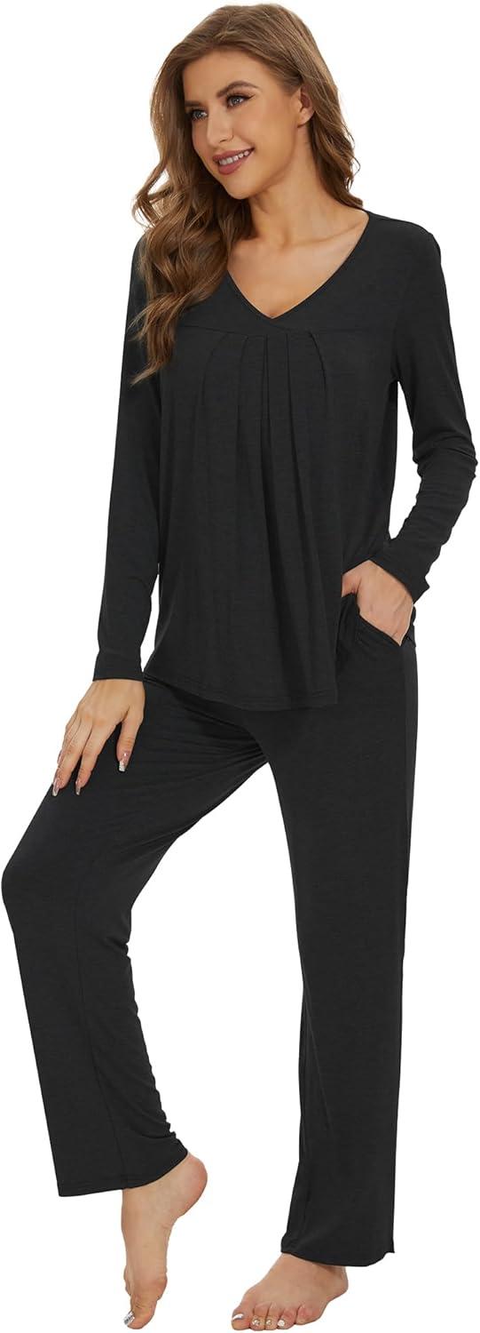 imageWiWi Womens Pajamas Set Sleepwear Loungewear Long Sleeve Pajama Sets Soft Pjs Viscose from Bamboo 2 Piece PJ SXXLBblack