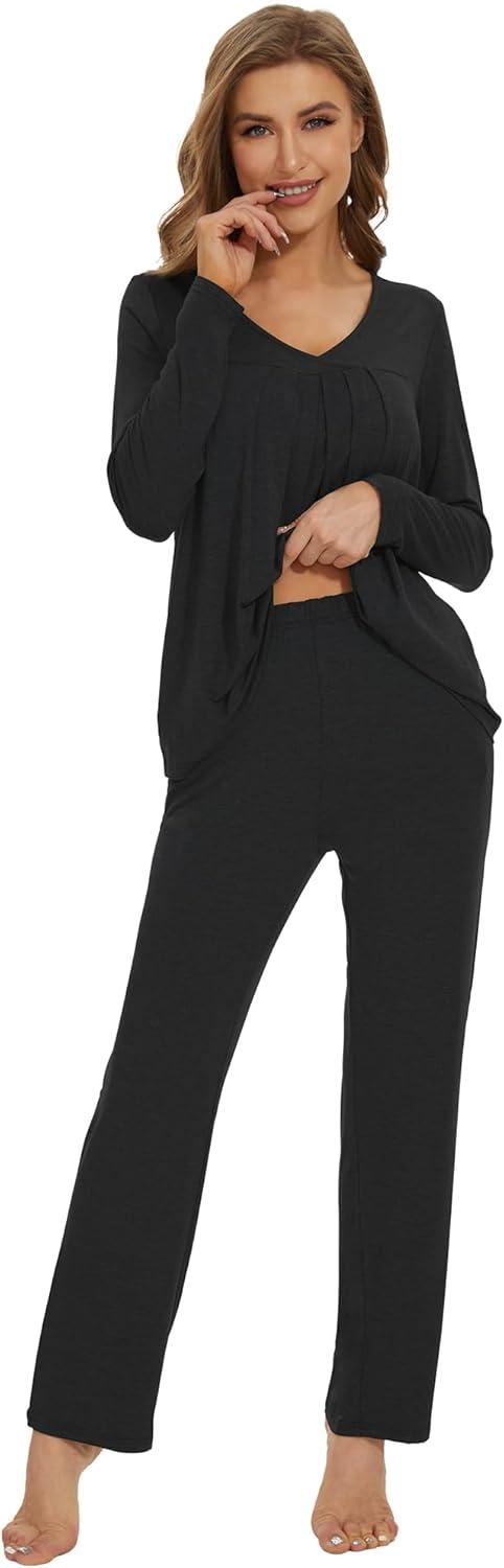 imageWiWi Womens Pajamas Set Sleepwear Loungewear Long Sleeve Pajama Sets Soft Pjs Viscose from Bamboo 2 Piece PJ SXXLBblack