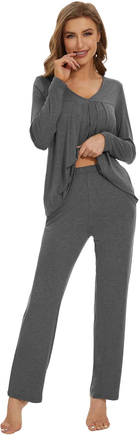 imageWiWi Womens Pajamas Set Sleepwear Loungewear Long Sleeve Pajama Sets Soft Pjs Viscose from Bamboo 2 Piece PJ SXXLBdark Heather Grey