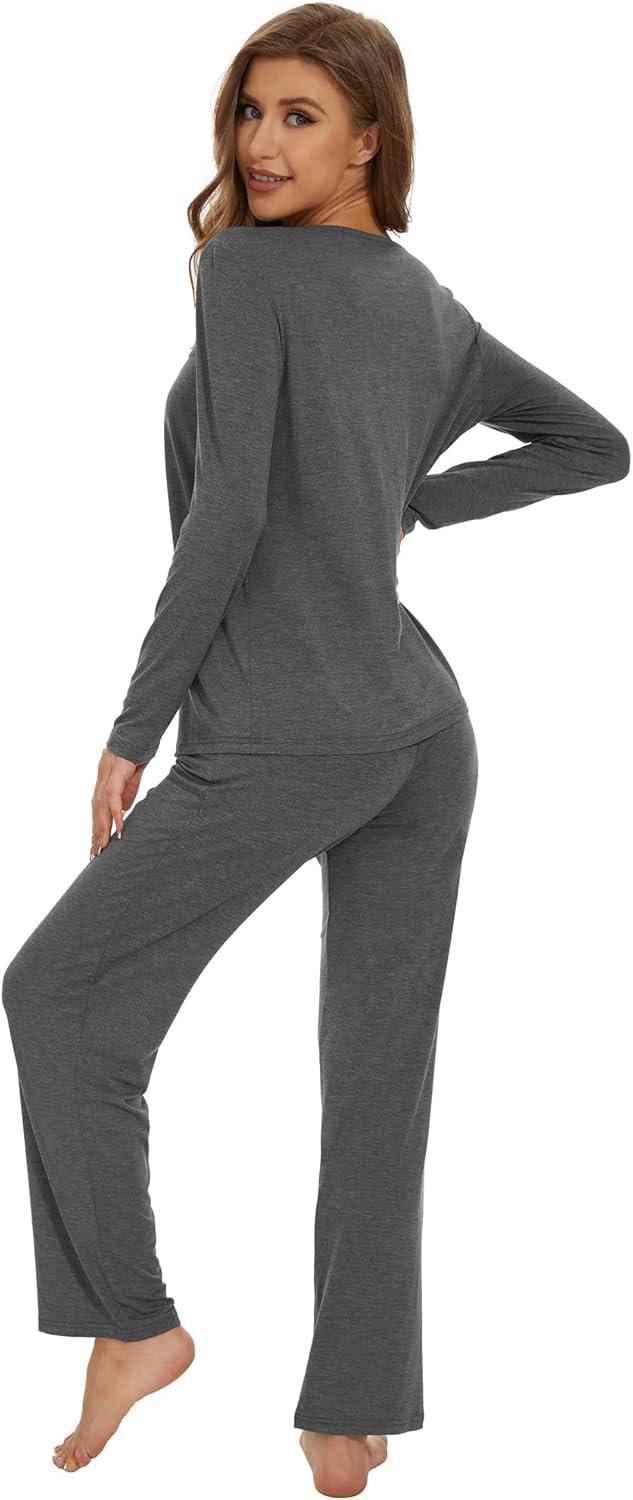 imageWiWi Womens Pajamas Set Sleepwear Loungewear Long Sleeve Pajama Sets Soft Pjs Viscose from Bamboo 2 Piece PJ SXXLBdark Heather Grey