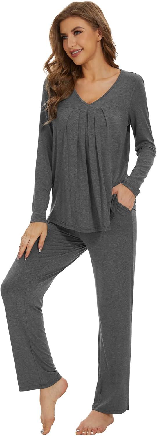 imageWiWi Womens Pajamas Set Sleepwear Loungewear Long Sleeve Pajama Sets Soft Pjs Viscose from Bamboo 2 Piece PJ SXXLBdark Heather Grey