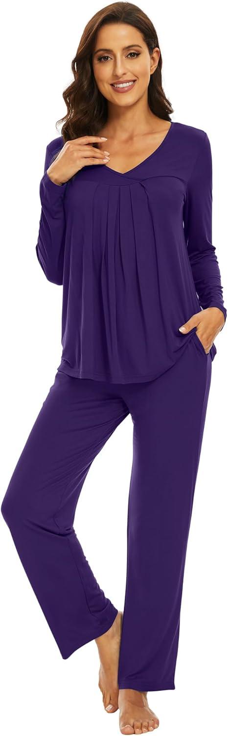 imageWiWi Womens Pajamas Set Sleepwear Loungewear Long Sleeve Pajama Sets Soft Pjs Viscose from Bamboo 2 Piece PJ SXXLBdark Purple