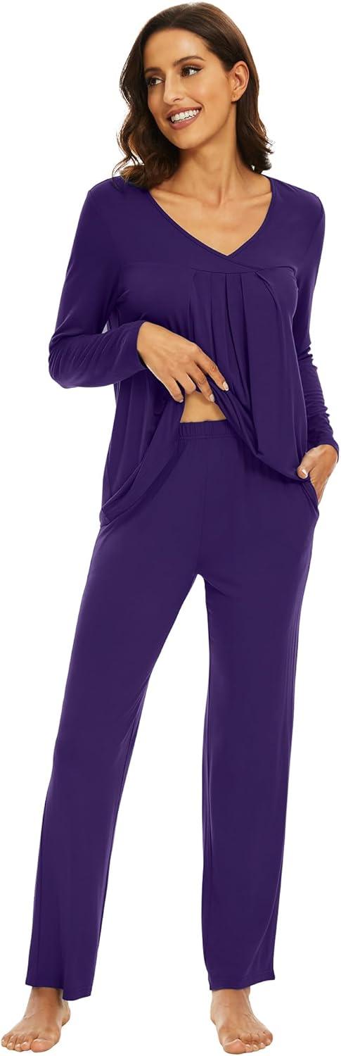 imageWiWi Womens Pajamas Set Sleepwear Loungewear Long Sleeve Pajama Sets Soft Pjs Viscose from Bamboo 2 Piece PJ SXXLBdark Purple