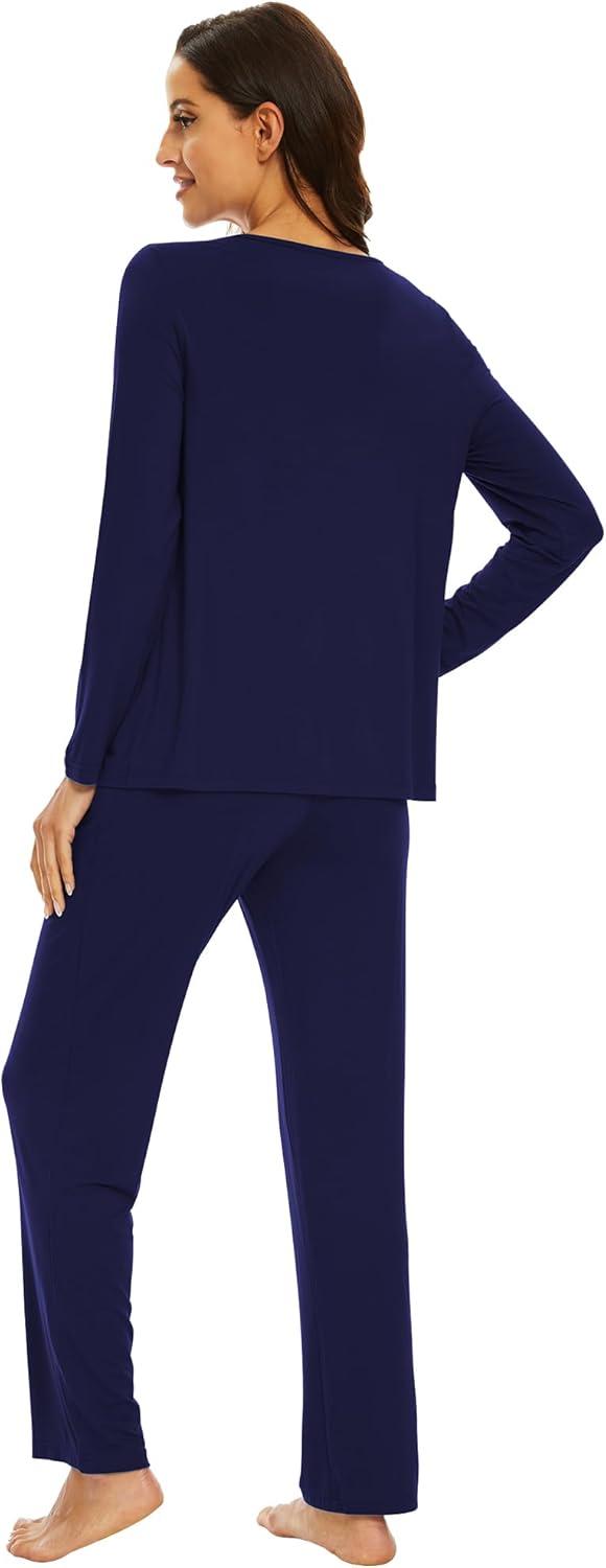 imageWiWi Womens Pajamas Set Sleepwear Loungewear Long Sleeve Pajama Sets Soft Pjs Viscose from Bamboo 2 Piece PJ SXXLBnavy