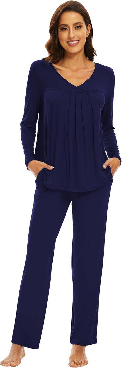 imageWiWi Womens Pajamas Set Sleepwear Loungewear Long Sleeve Pajama Sets Soft Pjs Viscose from Bamboo 2 Piece PJ SXXLBnavy