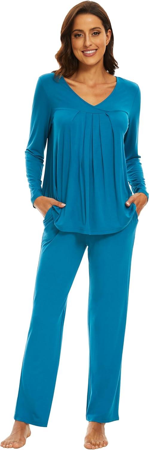 imageWiWi Womens Pajamas Set Sleepwear Loungewear Long Sleeve Pajama Sets Soft Pjs Viscose from Bamboo 2 Piece PJ SXXLBteal Blue